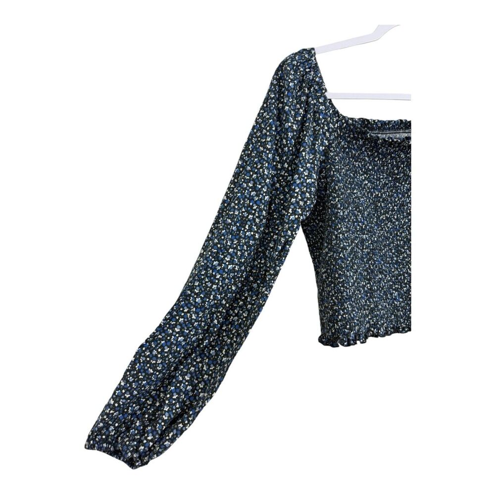 Gap Crop Top Size XL Smocked Square Neck Blue Black Floral Long Sleeves Stretch - Picture 3 of 9